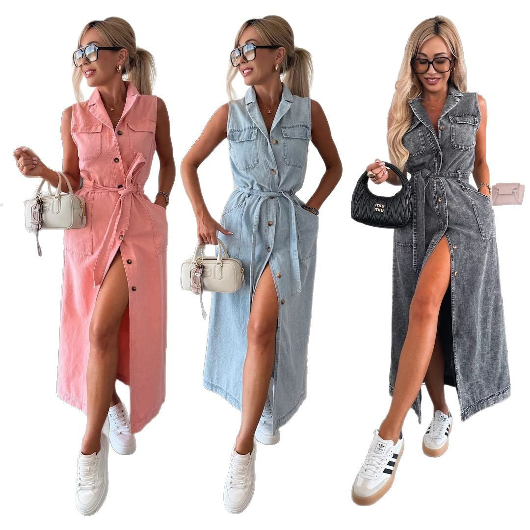 Jeans et Glamour – Robe Ceinturée Sans Manches