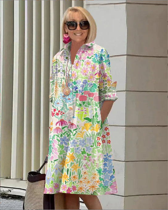 Colorful Blooming Summer Comfortable Shirt Dress 3D Digital Printing Women's Clothing