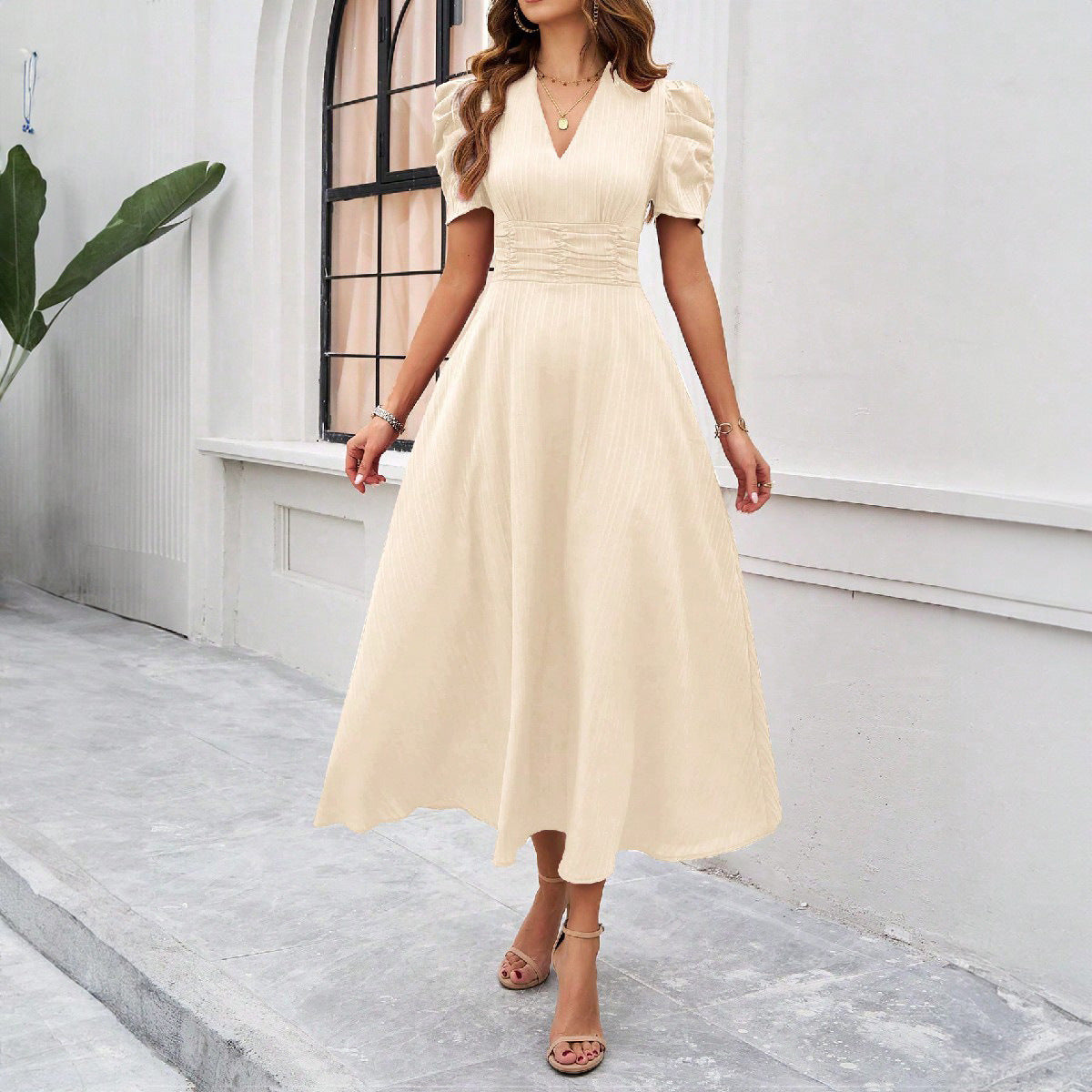 robe_élégante printemps_été couleur_unie cintrée