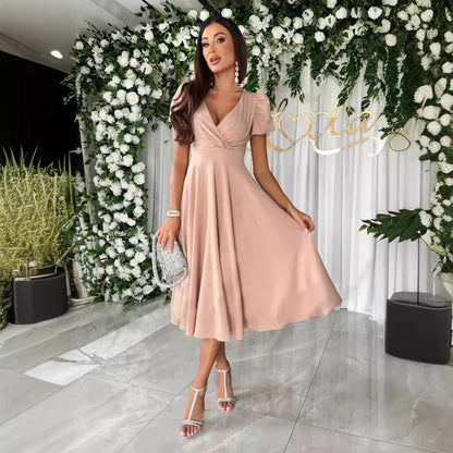 Robe_col_V couleur_unie mi-longue
