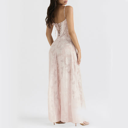 robe glamour-longue dos lacé fleurs