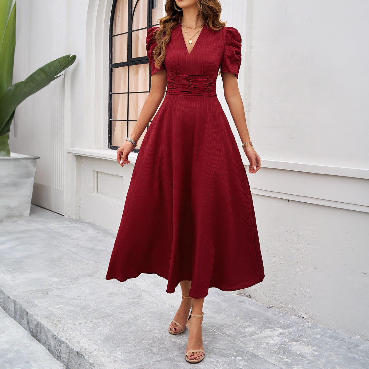 robe_élégante printemps_été couleur_unie cintrée
