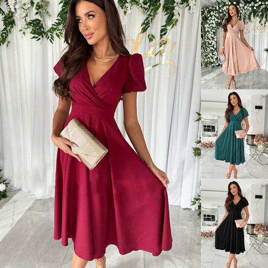 Robe_col_V couleur_unie mi-longue