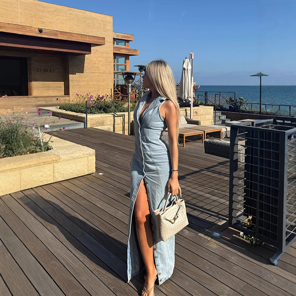 Femme Denim – Robe Boutons Bleue Pastel