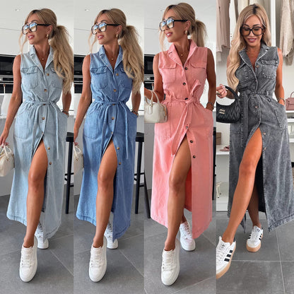 Jeans et Glamour – Robe Ceinturée Sans Manches